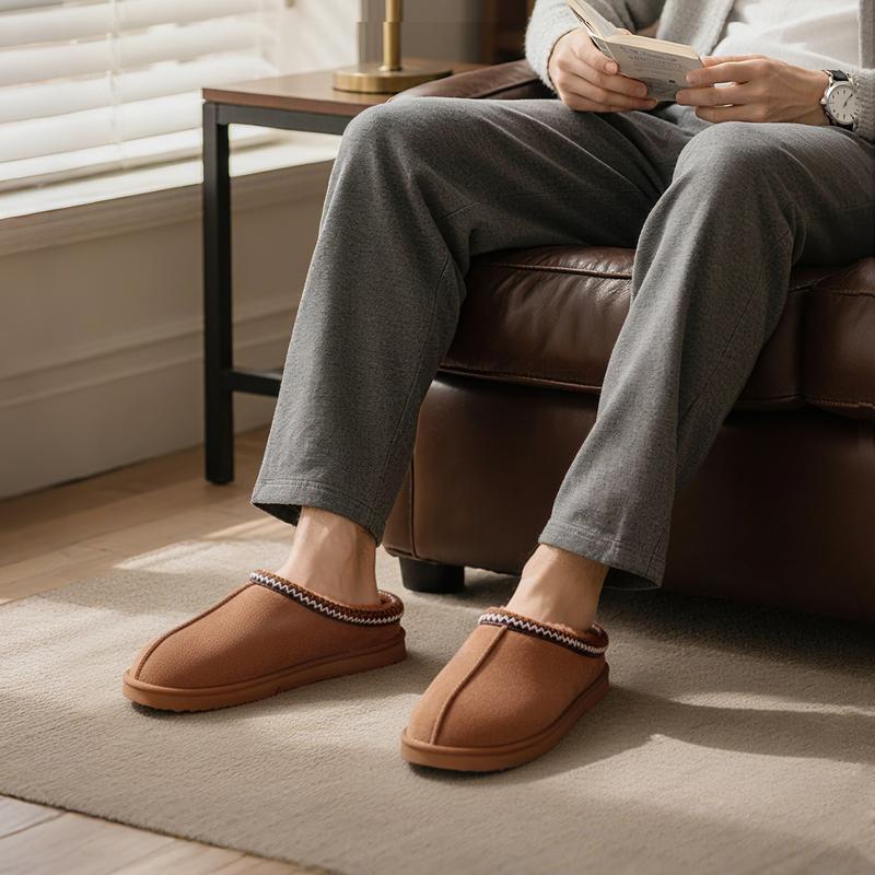 OOW Men'S Fuzzy Suede Leather Slippers Winter Warm Memory Foam Non-Slip Outsole Indoor Outdoor House Shoes Chestnut Classic Decor