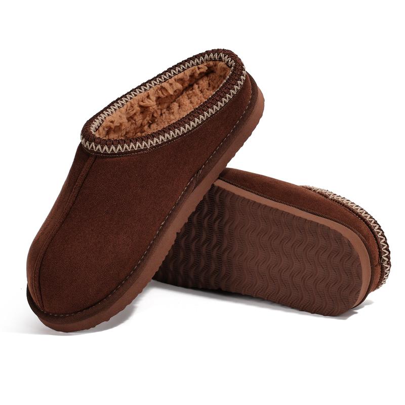 OOW Men'S Fuzzy Suede Leather Slippers Winter Warm Memory Foam Non-Slip Outsole Indoor Outdoor House Shoes Chestnut Classic Decor