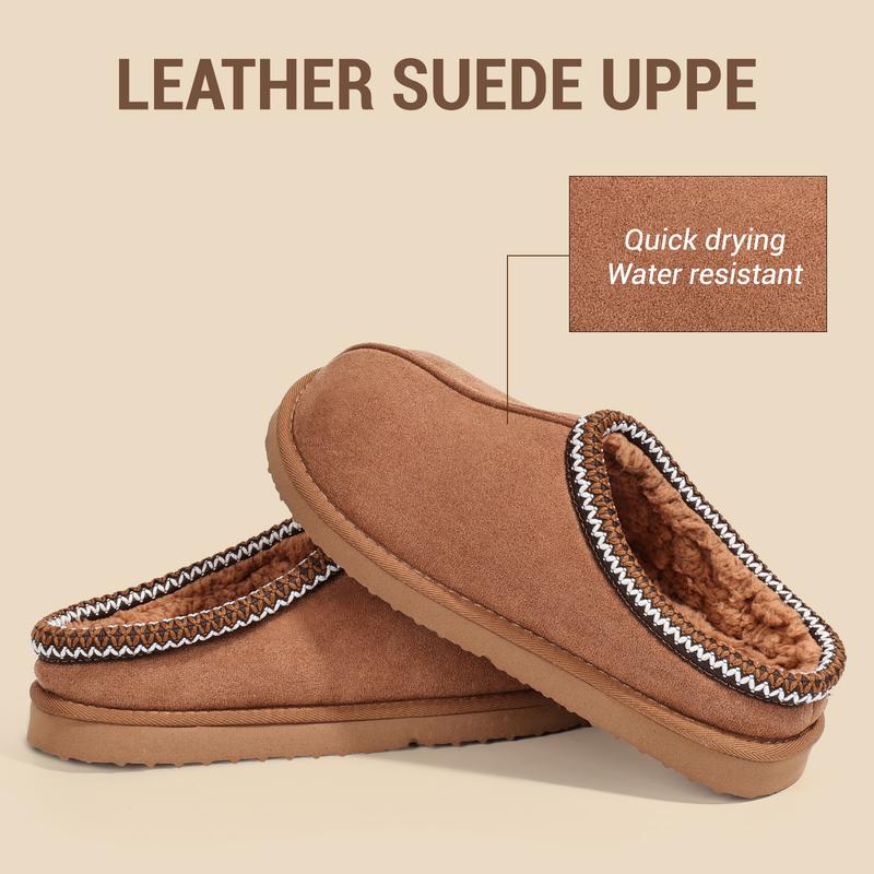 OOW Men'S Fuzzy Suede Leather Slippers Winter Warm Memory Foam Non-Slip Outsole Indoor Outdoor House Shoes Chestnut Classic Decor
