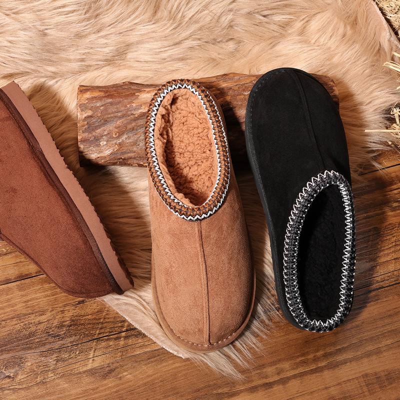 OOW Men'S Fuzzy Suede Leather Slippers Winter Warm Memory Foam Non-Slip Outsole Indoor Outdoor House Shoes Chestnut Classic Decor
